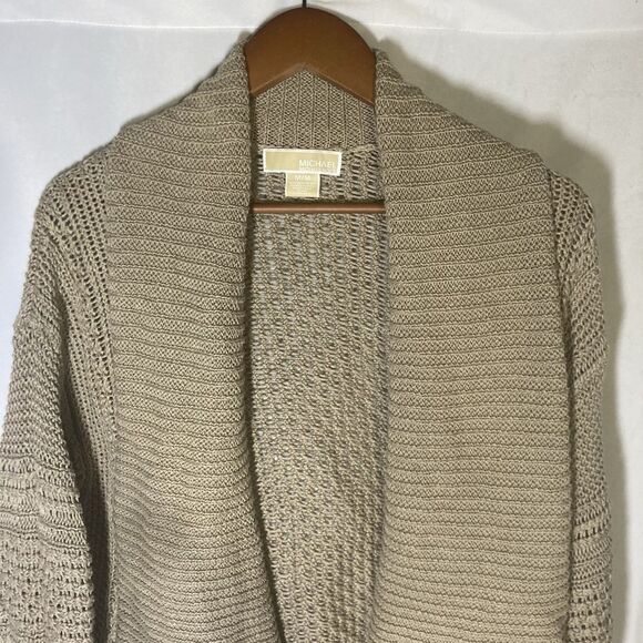 MICHAEL MICHAEL KORS brown wide collar 3/4 sleeve open front cardigan sweater M - Picture 2 of 12